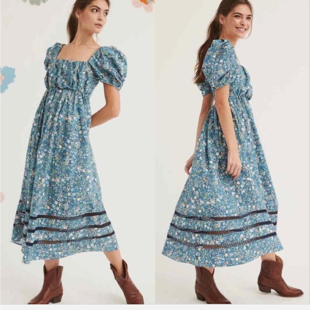 Mi Golondrina Elena Floral Midi Dress Sirena Turquesa- XS